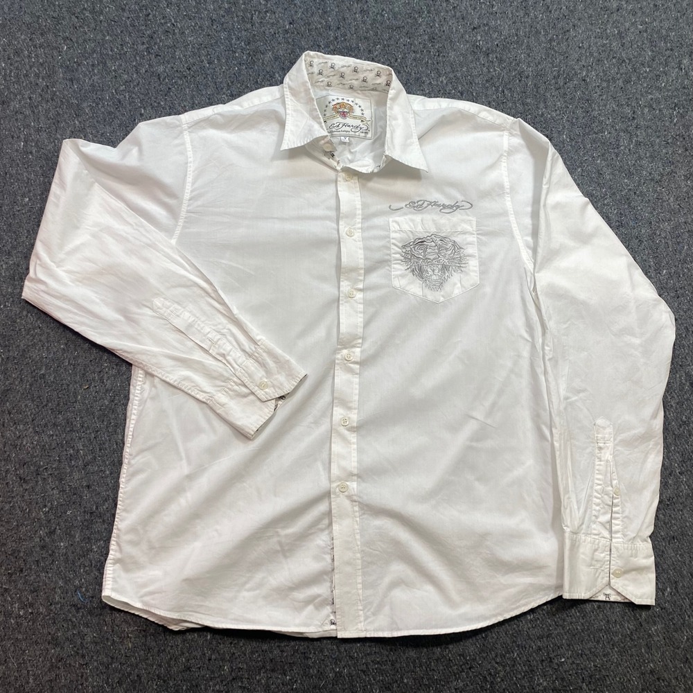 Ed Hardy Shirt Sz M Mens White Y2K Streetwear Tiger Embroidery Button Down Top